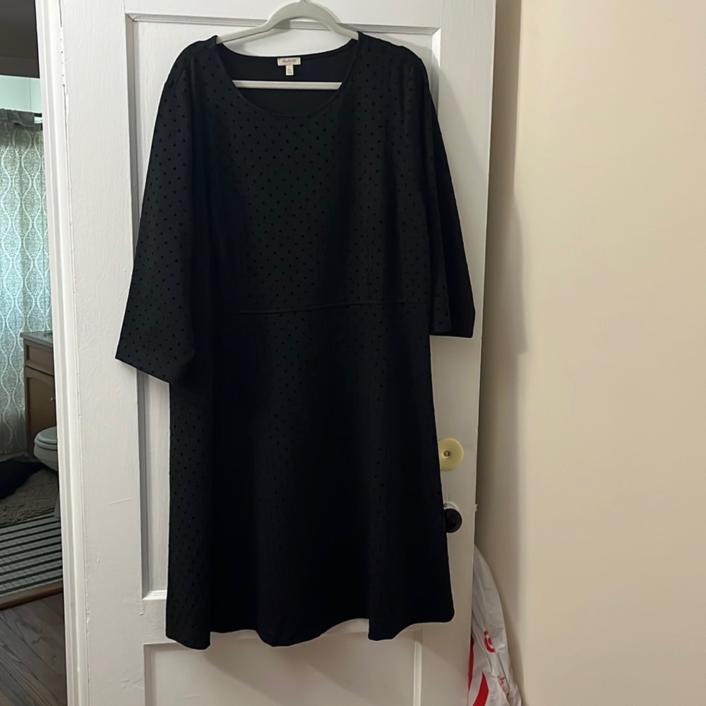 Talbots black with black velvet polka dots a line dress